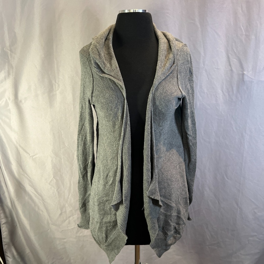 Express Draped Cardigan Sweater Womens Small Gray Hooded Open Front Asymmetrical